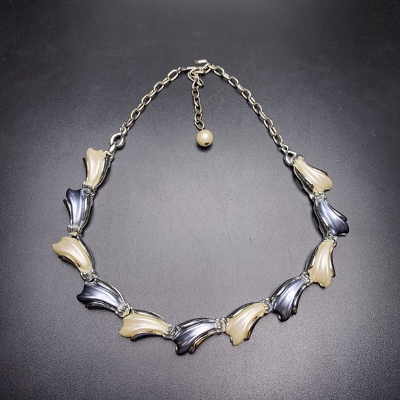 Blue Cream Silver Tone Link Choker Collar Necklace Earrings Demi Parure - Picture 5 of 11